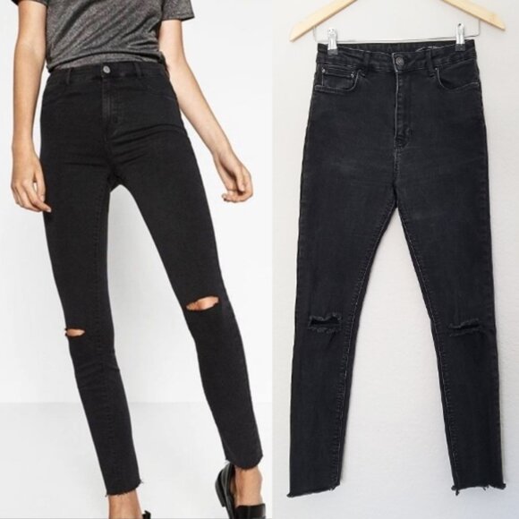 Zara High Waist Ripped Knee Skinny Jeans Raw Hem Size 4 Faded Black Grunge Moto - Picture 1 of 13
